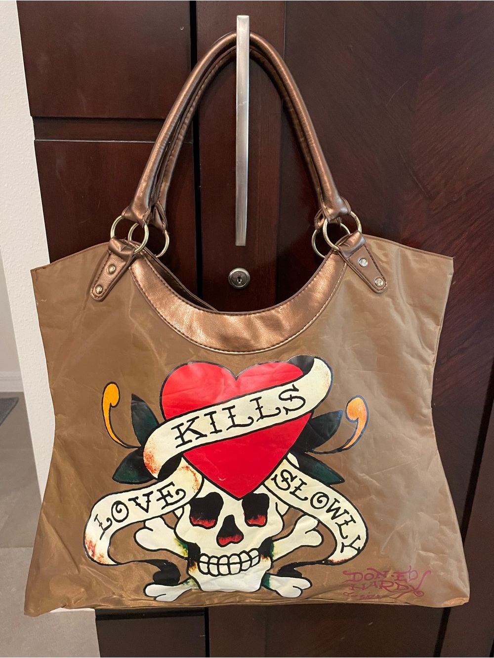 Vintage Y2K Ed Hardy Brown Love Kills Slowly Heart & Skull Graphic Tote